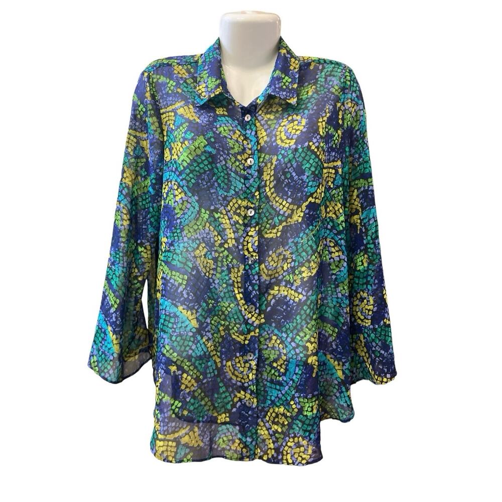 Slinky Brand Women's Multicolor Abstract Print Button-Up Blouse | Size XL